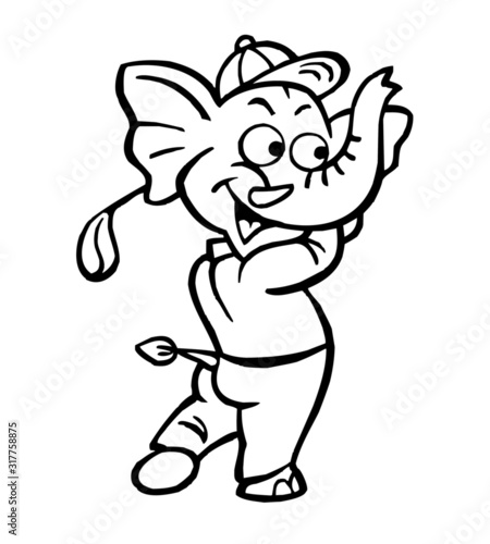 Elephant mascot playing golf with baseball cap, shirt and trousers, black and white clipart