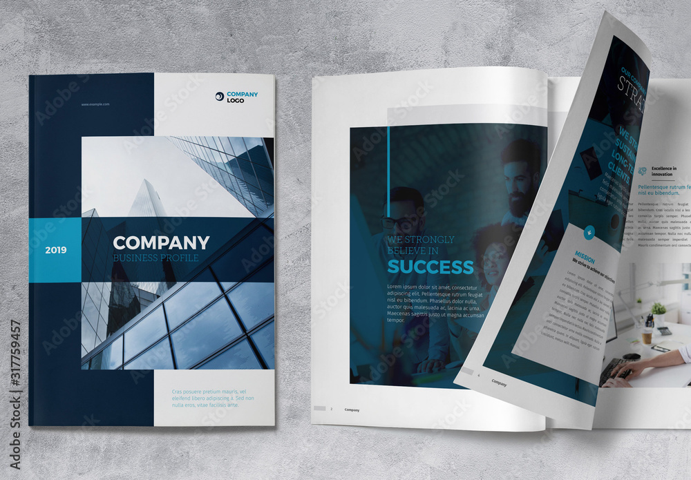 Company Profile Brochure Layout with Dark Blue Accents Stock Template ...