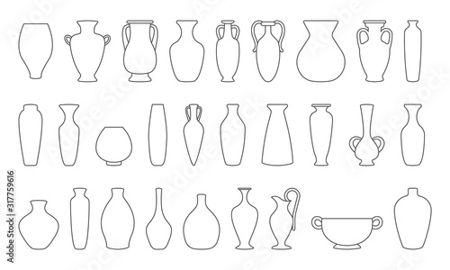Vases and amphoras collection. Vase pottery, ancient pot greek. Various forms of vases. Outline vector illustration.