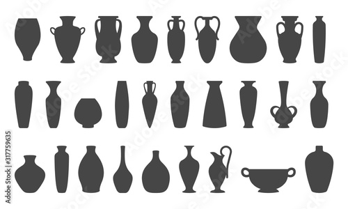 Vases and amphoras collection. Vase pottery, ancient pot greek. Various forms of vases. Silhouettes vector illustration. photo