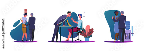 Set of businessmen harassing female co-workers. Flat vector illustrations of colleagues at office having inappropriate behaviour. Sexual harassment concept for banner, website design, landing web page