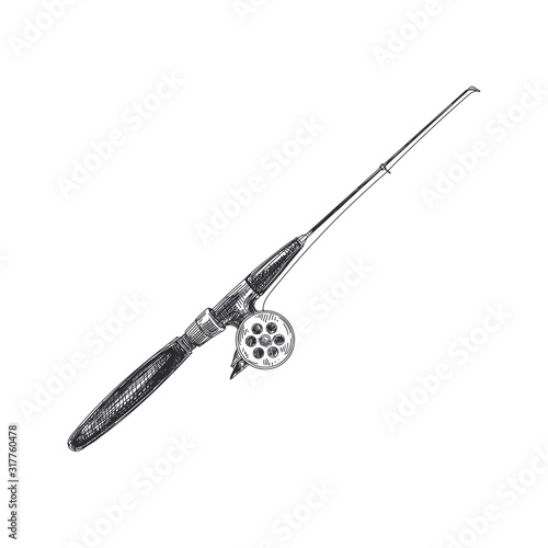 Professional fishing rod hand drawn monochrome vector illustration