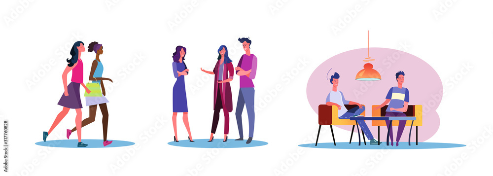 Set of casual men and women talking to each other. Flat vector illustrations of young people spending time together. Friendship and relationship concept for banner, website design or landing web page