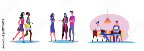 Set of casual men and women talking to each other. Flat vector illustrations of young people spending time together. Friendship and relationship concept for banner, website design or landing web page © PCH.Vector