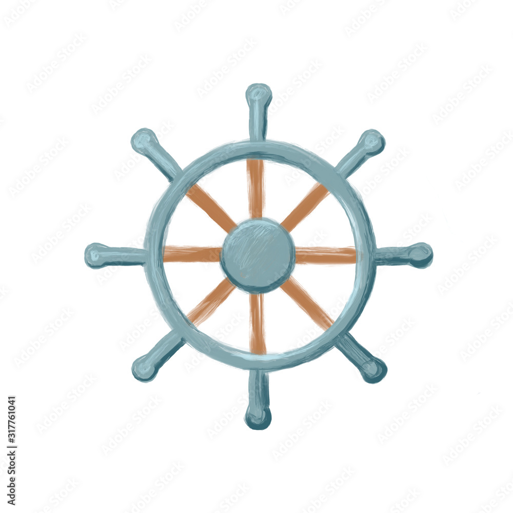 Fototapeta premium Watercolor ship steering wheel. Helm on white background.