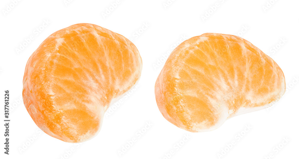 slice of tangerine isolated on white. Entire image in sharpness. Close-up, macro. slice of tangerine isolated on white. Entire image in sharpness. Close-up, macro.