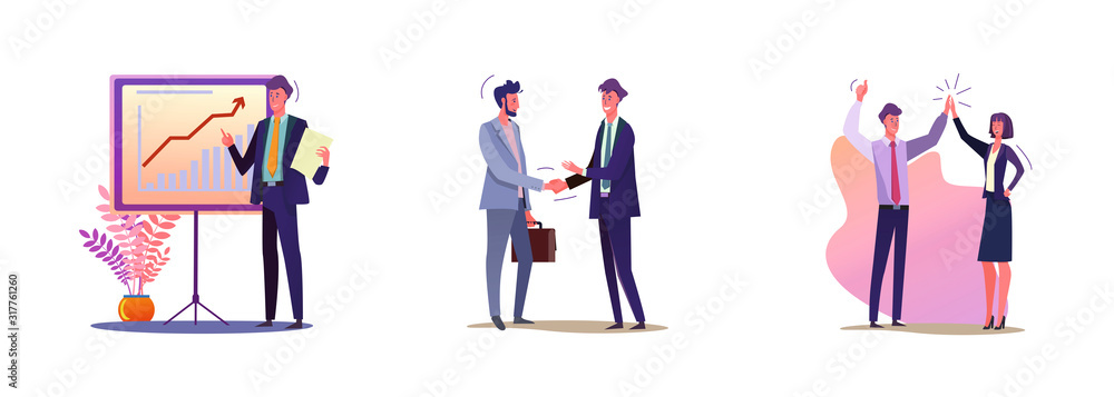 Set of business people making deal. Flat vector illustrations of men and women in suits having business. Business and public speaking concept for banner, website design or landing web page