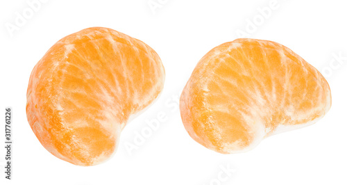 slice of tangerine isolated on white. Entire image in sharpness. Close-up, macro.