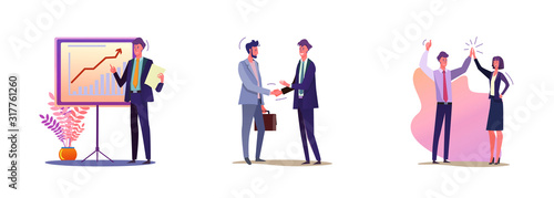 Set of business people making deal. Flat vector illustrations of men and women in suits having business. Business and public speaking concept for banner, website design or landing web page