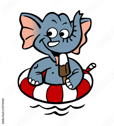 Elephant mascot with swimming ring in water licks ice cream colorful clipart