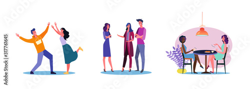 Set of casual people talking to each other. Flat vector illustrations of men and women hanging out together. Friendship and relationship concept for banner, website design or landing web page