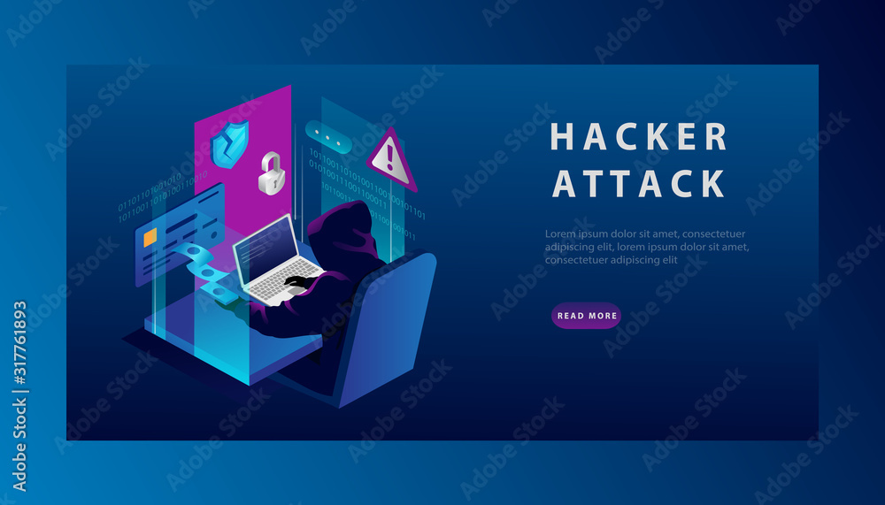 Isometric Internet Hacker Attack and Credit Card Hacking Concept. The Hacker at the Computer. Computer Security Technology Landing Page Template. Credit Card, Bank Account Hacking. Vector Illustration