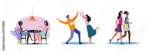 Set of casual men and women spending time together. Flat vector illustrations of people enjoying each others company. Friendship and relationship concept for banner, website design, landing web page