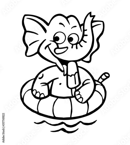 Elephant mascot with swimming ring in water licks ice cream black and white clipart