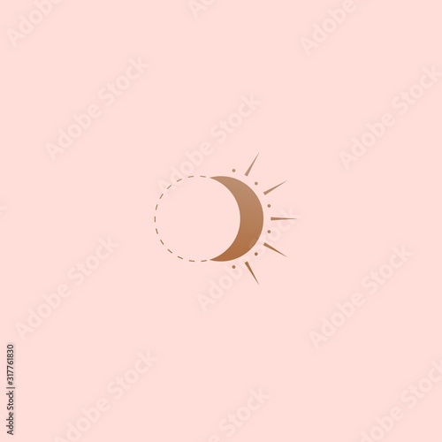 Boho abstract style Moon or sun. Simple minimalistic icon. Logo template. Trendy vector illustration. Astrology, esoteric, yoga, alchemy concept. T-shirt print idea. Golden gradient. Pink background