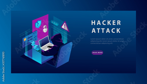 Isometric Internet Hacker Attack and Credit Card Hacking Concept. The Hacker at the Computer. Computer Security Technology Landing Page Template. Credit Card, Bank Account Hacking. Vector Illustration