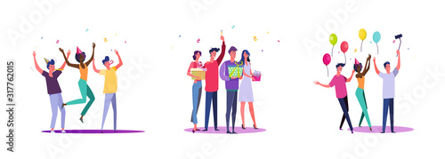 Set of casual people celebrating something. Flat vector illustrations of men and women having fun at party. Celebration and festivity concept for banner, website design or landing web page