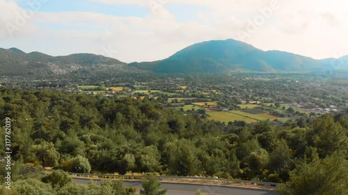 Aerial view flying over road with car moving, that through lane green forest. Car driving along the forest road. Drone shot from above