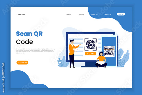 QR code scanning illustration landing page template. Scan QR code for payment and everything.