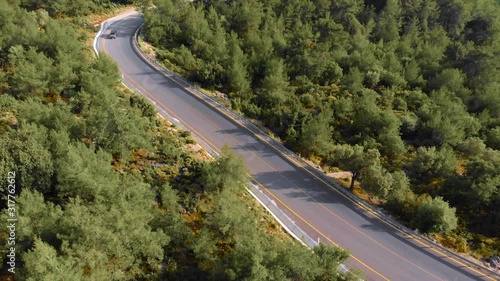Aerial view flying over road with car moving, that through lane green forest. Car driving along the forest road. Drone shot from above
