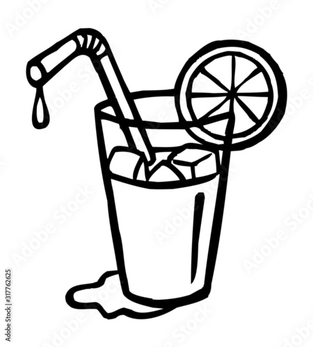 glass with mixed fruit drink and ice cubes with straw and orange slice, black and white clipart