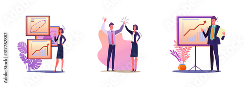 Set of business people presenting ideas. Flat vector illustrations of men and women in suits being at meetings. Business and public speaking concept for banner, website design or landing web page
