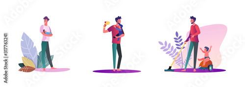Set of young men taking care of their kids. Flat vector illustrations of casual men hanging out with their children. Fatherhood and parenting concept for banner, website design or landing web page