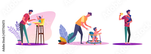 Set of casual men hanging out with their kids. Flat vector illustrations of young men experiencing fatherhood. Fatherhood and parenting concept for banner, website design or landing web page