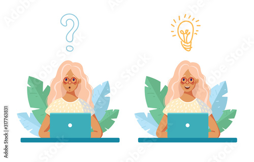 Girl freelancer works at a laptop on a background of nature. A woman asks a question and finds an answer, an idea. Female student studying, cartoon vector illustration isolated on white