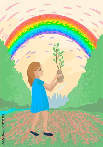 The girl carries a tree sprout for planting, a volunteer plants trees. Vector illustration