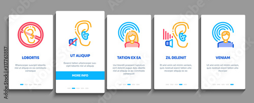Hearing Human Sense Onboarding Mobile App Page Screen Vector. Hearing Aid Device And Earphone. Doctor And Medical Equipment For Research Concept Linear Pictograms. Color Contour Illustrations