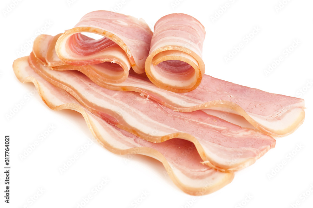 Tasty sliced pork bacon isolated on white background Tasty sliced pork bacon isolated on white background
