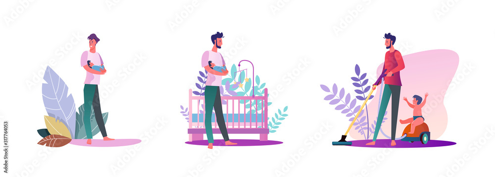 Set of young men being fathers Flat vector illustrations of casual men with their children. Fatherhood and parenting concept for banner, website design or landing web page