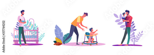 Set of casual men spending time with their children. Flat vector illustrations of young men at dad duties. Fatherhood and parenting concept for banner, website design or landing web page