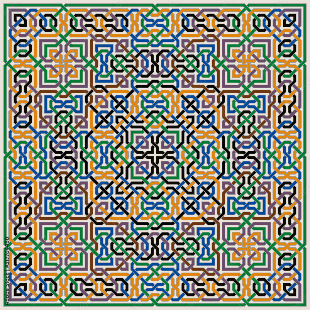 Colorful Ornate Vector Pattern of Moorish Tiled Decorations. Mosaic background in Palace of Alhambra Style.