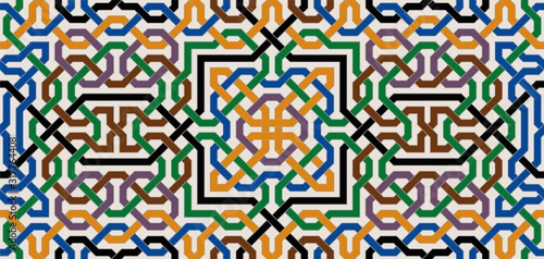Colorful Ornate Seamless Vector Pattern of Moorish Tiled Decorations. Tileable mosaic background in Palace of Alhambra Style.