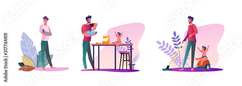Set of young men hanging out with their children. Flat vector illustrations of casual men at dad duties. Fatherhood and parenting concept for banner, website design or landing web page