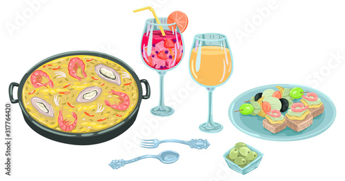 Mediterranean dinner, paella in a frying pan, wine and snacks on a plate. Vector illustration