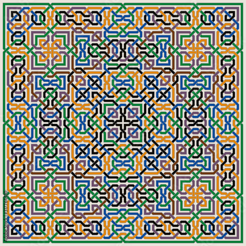 Colorful Ornate Vector Pattern of Moorish Tiled Decorations. Mosaic background in Palace of Alhambra Style.