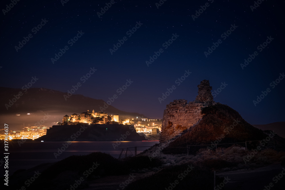 Night sky over Genoese tower and Calvi citadel in Corsica