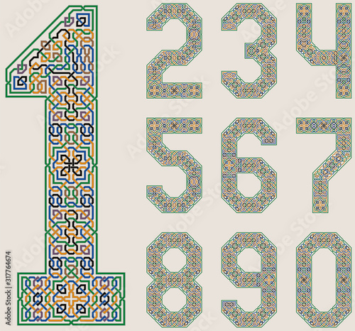 Colorful Vector Set of numbers in in Palace of Alhambra Style. Moorish geometric ornate.
