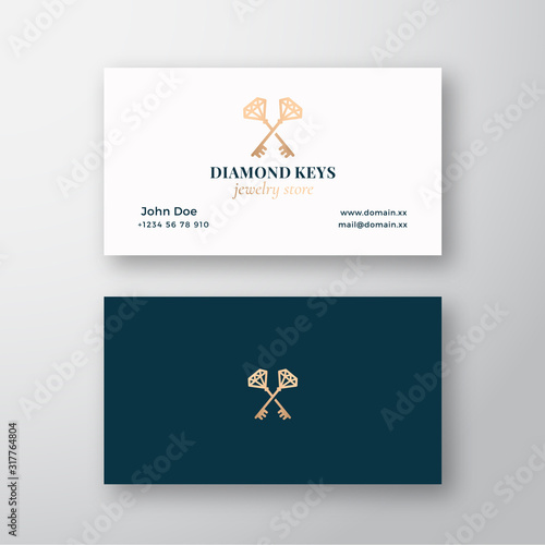 Diamond Keys Jewelry Store. Abstract Vector Sign, Symbol or Logo Logo and Business Card Template. Crossed Keys Sillhouettes with Classy Retro Typography. Premium Stationary Realistic Mock Up.