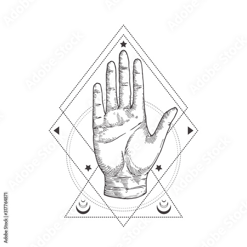 Abstract Occult Symbol, Vintage Style Logo or Tattoo Template. Hand Drawn Palm Hand Sketch Symbol and Geometric Palmistry or Chiromancy Mystical Magic Ornaments and Signs.