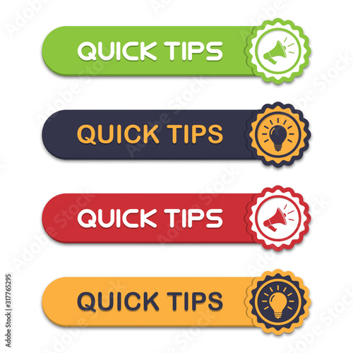 Set of quick tips badges with megaphone and lightbulb icon in a flat design
