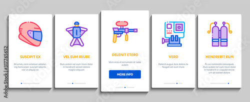 Extreme Sport Activity Onboarding Mobile App Page Screen Vector. Bike And Crash Helmet, Parachute And Hang-glider Equipment For Extreme Active Concept Linear Pictograms. Color Contour Illustrations