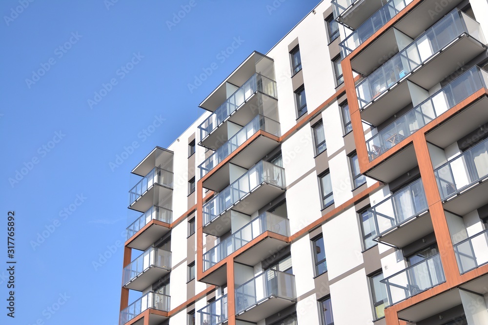 Modern and new apartment building. Multistoried, modern, new and stylish living block of flats.