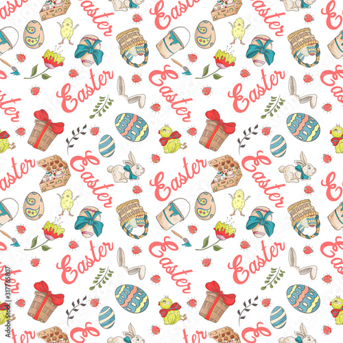Easter 6 holiday seamless illustration pattern color drawings depicting holiday attributes and greetings inscription in the style of Doodle for design design background is isolated