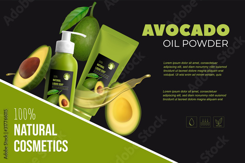 Design avocado cosmetics product advertising for catalog, magazine. Mock up of cosmetic package. Moisturizing cream, gel, milk body lotion with avocado oil.