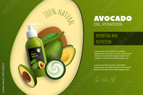 Design avocado cosmetics product advertising for catalog, magazine. Mock up of cosmetic package. Moisturizing cream, gel, milk body lotion with avocado oil.