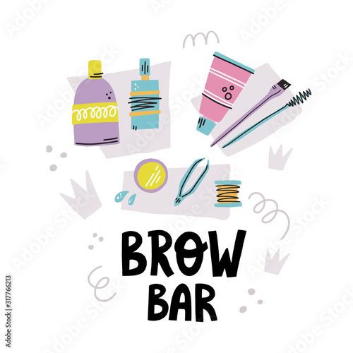 Brow bar hand drawn lettering and eyebrows tools with abstract decoration in modern style for brow bar banner design, landing.